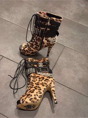 Leopard Print Lace-Up High Heel Ankle Boots Chain Skull Abbey Dawn 7 New